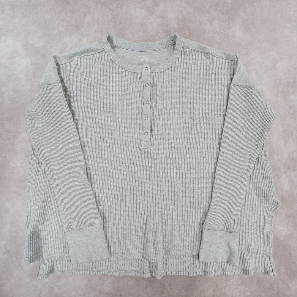 OFFLINE by Aerie Gray Waffle Knit Henley Long Sleeve Top Thumbholes Medium